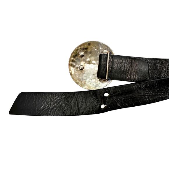 Vintage Thierry Mugler Black Leather Belt Hammered Silver Disc Buckle M main image 7